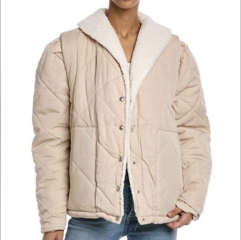 Blank NYC Women's Quilted Jacket Sherpa Collar Medium Beige EUC!!